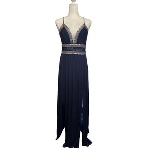 Soieblu Navy Maxi Dress with Crochet Lace Detail Empire Waist L